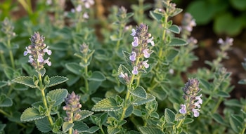 Campo de plantas con hojas verdes dentadas y flores pequeñas de tonos violetas y blancos con manchas púrpuras en el centro.