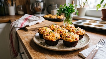 Seis muffins de jamón y queso sobre un plato cerámico en una mesada de madera junto a un tenedor y moldes de hornear.