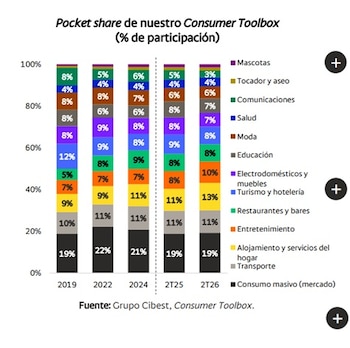 Categorías como comunicaciones, educación y electrodomésticos perdieron relevancia, reflejando una reasignación del ingreso hacia categorías no tradicionales - crédito Bancolombia