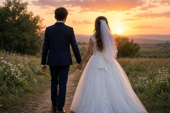 Vista posterior de un niño con traje azul y una niña con vestido blanco de novia caminando de la mano por un camino de campo al atardecer.