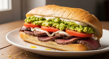 Primer plano de un sanguche Churrasco Italiano en un plato blanco, mostrando rebanadas de carne, tomate, palta cremosa y mayonesa dentro de un pan.