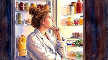 Ilustración acuarela de una mujer con albornoz blanco mirando un refrigerador abierto y lleno de alimentos coloridos, con líneas finas y colores vivos.