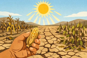 Campo seco con tierra agrietada, plantas de maíz y frijol marchitas, sol con rayos, montañas en el horizonte, una mano sostiene una mazorca de maíz.