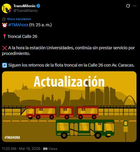 Estación Universidades en la Calle 26 sigue cerrada por procedimiento de seguridad - crédito @TransMilenio/X