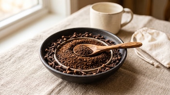 Un recipiente con café molido y clavos de olor aloja una cuchara de madera sobre un mantel de lino, junto a una taza y una bolsa de tela.