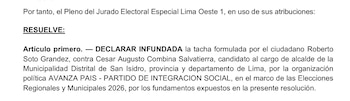 Documento impreso con el texto de una resolución oficial del Jurado Electoral Especial Lima Oeste 1 sobre una candidatura