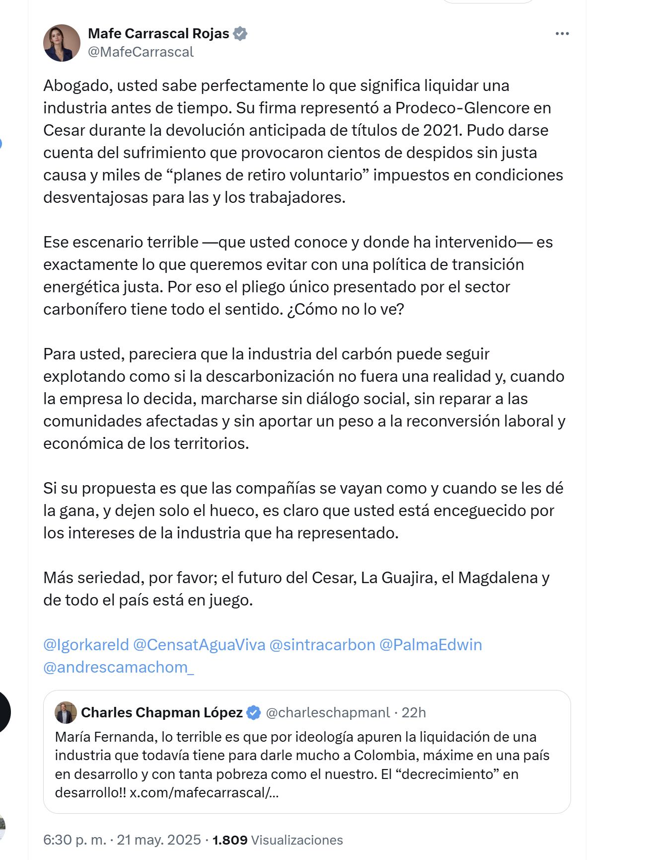 La representante María Fernanda Carrascal aseguró que se busca evitar afectaciones a los trabajadores del sector del carbón por medio de la transición energética justa - crédito @MafeCarrascal/X