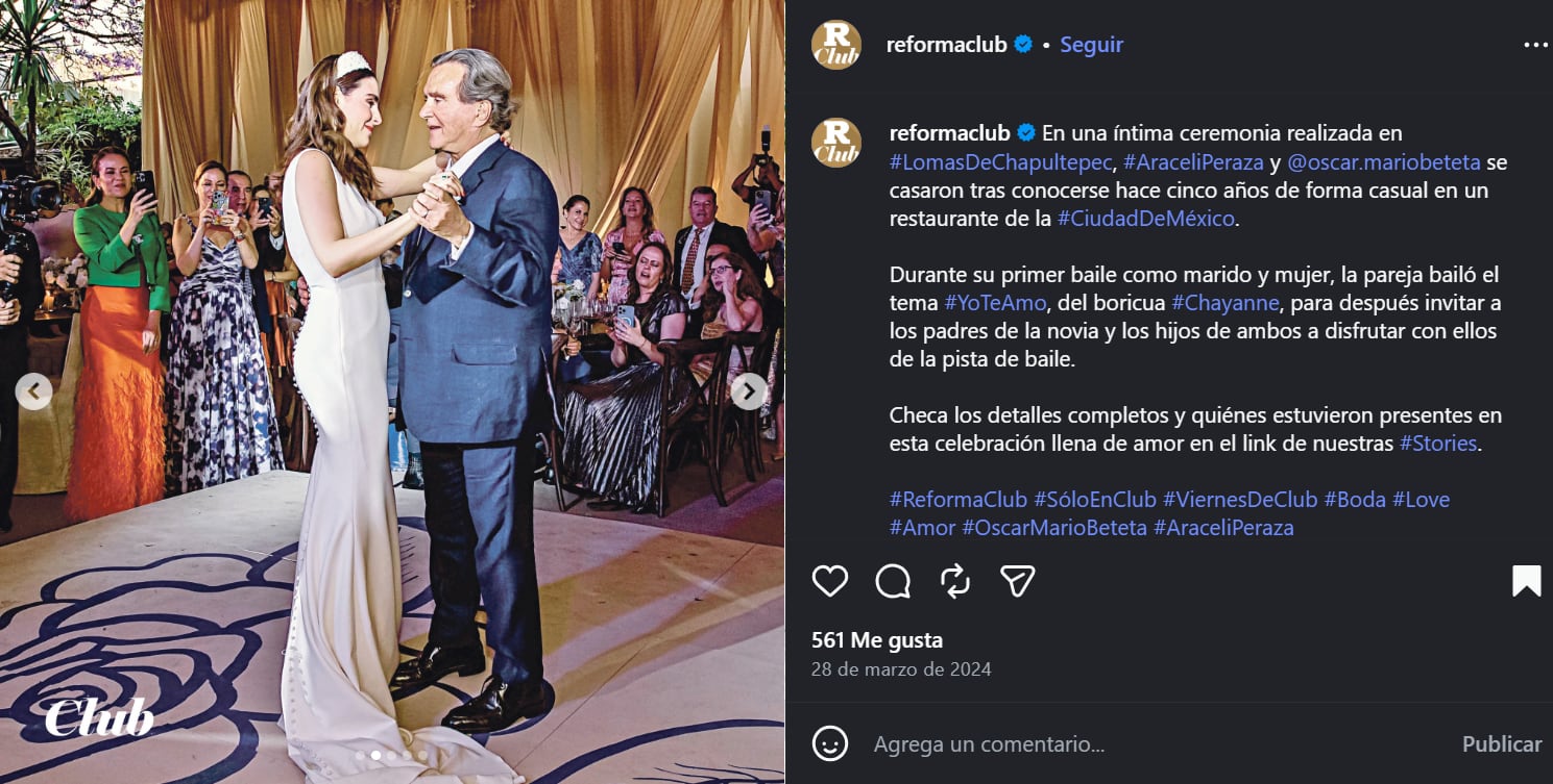 Oscar Mario Beteta y Araceli Peraza bailan durante la recepción de su boda celebrada en Lomas de Chapultepec, Ciudad de México. (Instagram: Reformaclub)