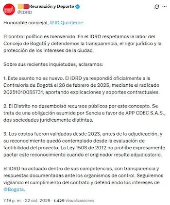 El Instituto Distrital de Recreación y Deporte aclaró que el Distrito no desembolsó recursos públicos para cubrir los costos, remarcando que fue una responsabilidad adquirida únicamente por Grupo Sencia - crédito @IDRD/X