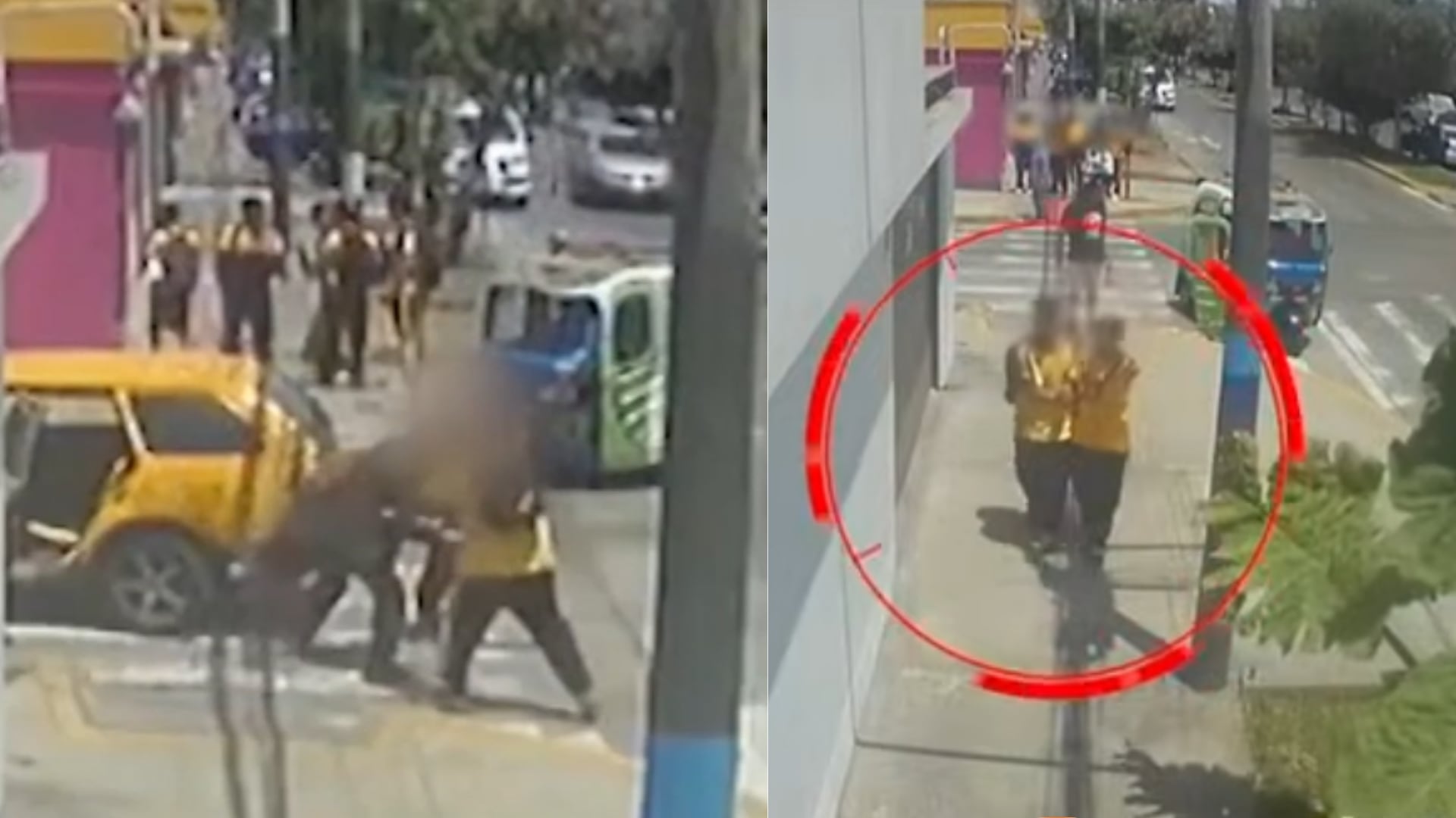 Una grabación de seguridad en El Callao registra el momento en que un sujeto intenta subir por la fuerza a una escolar a un automóvil amarillo. (Composición: Infobae Perú)