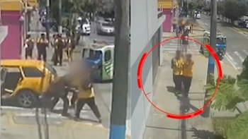 Dos capturas de seguridad muestran a personas junto a un auto amarillo y a dos escolares en una acera marcados con un círculo rojo