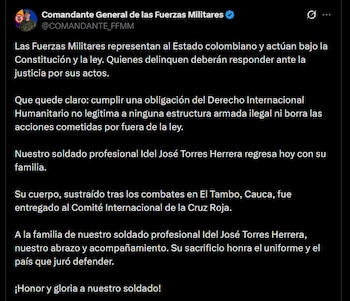 El mayor general Erik Rodríguez Aparicio afirmó que el cumplimiento del Derecho Internacional Humanitario no legitima las acciones de los grupos al margen de la ley - crédito @COMANDANTE_FFMM / X