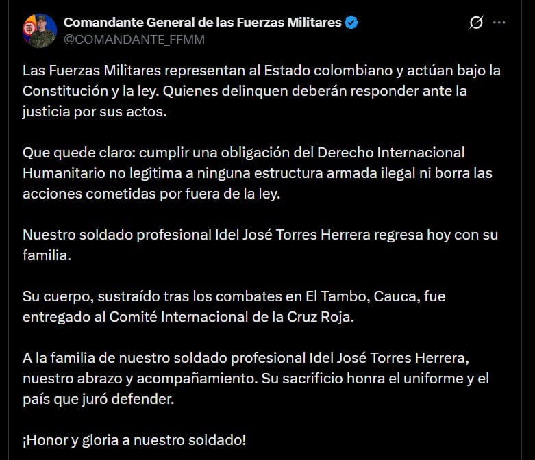 El mayor general Erik Rodríguez Aparicio afirmó que el cumplimiento del Derecho Internacional Humanitario no legitima las acciones de los grupos al margen de la ley - crédito @COMANDANTE_FFMM / X