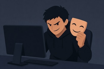 Ilustración de un hombre frente a un monitor de computadora con un teclado, sosteniendo una máscara sonriente junto a su rostro.