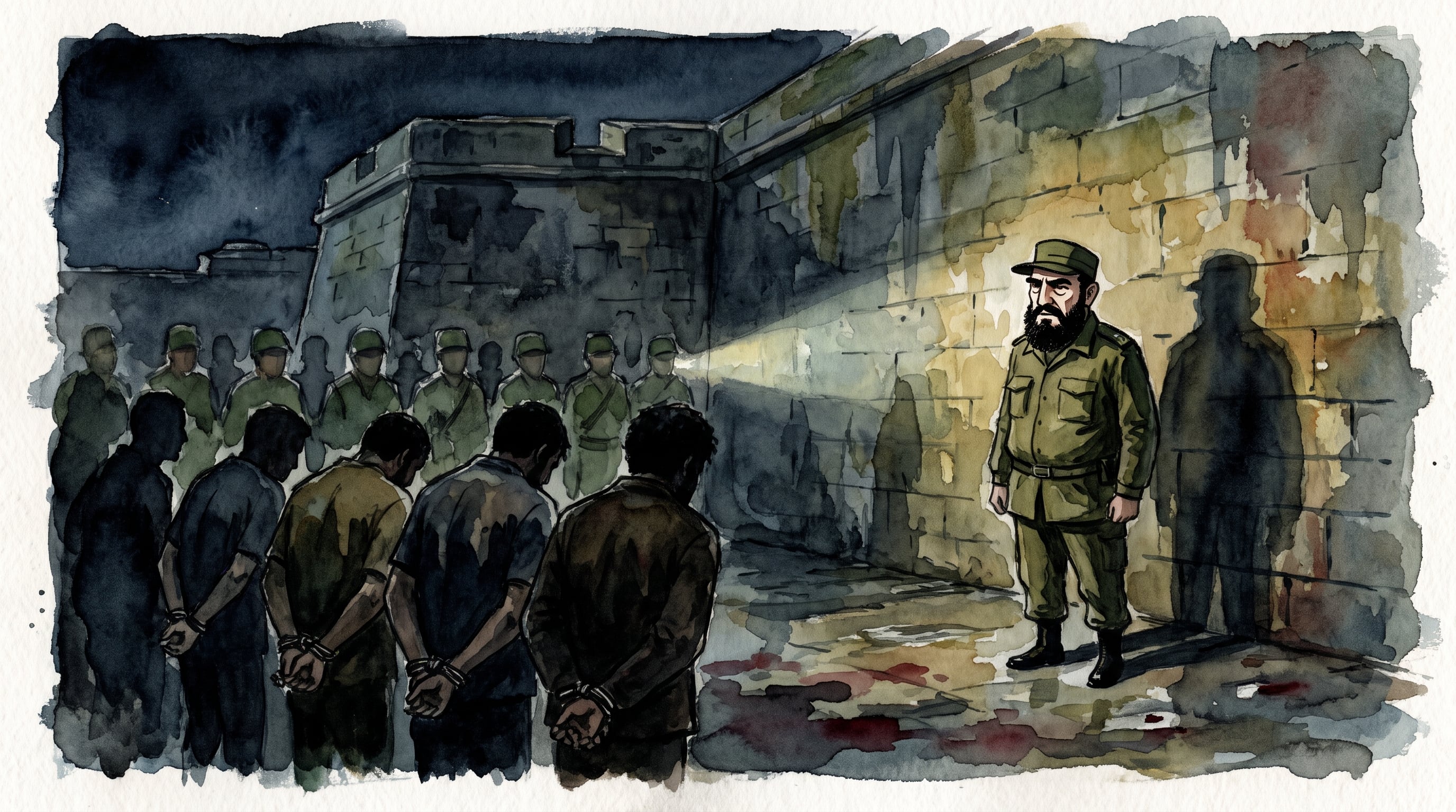 Fidel Castro observa a un grupo de prisioneros maniatados frente a un pelotón de fusilamiento en la fortaleza de La Cabaña. (Imagen Ilustrativa Infobae)