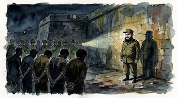 Ilustración en acuarela de Fidel Castro junto a soldados y prisioneros maniatados frente a un muro de piedra en la noche.