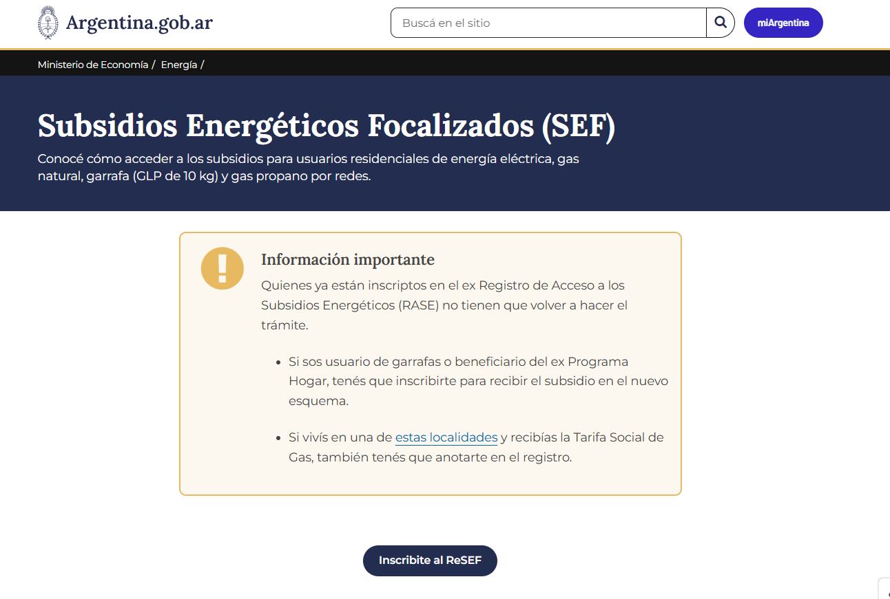 La página principal de Argentina.gob.ar muestra información sobre los Subsidios Energéticos Focalizados (SEF), detallando los requisitos y el proceso de inscripción para los usuarios. (Ministerio de Economía - Energía)