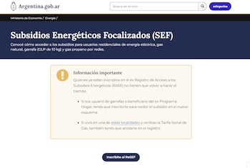 Captura de pantalla de la página oficial Argentina.gob.ar. Se ve la sección de Subsidios Energéticos Focalizados (SEF) con detalles y un botón de registro