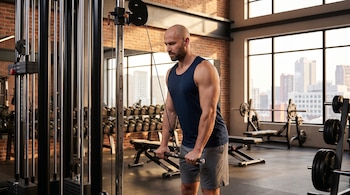 Hombre calvo con barba haciendo ejercicio de tríceps en una máquina de poleas en un gimnasio. Se ven mancuernas, bancos y ventanales con vista a la ciudad.