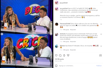 Dos personas, un hombre y una mujer, sentados en una mesa con micrófonos, sosteniendo sus manos. Al fondo se ven letreros con los nombres Diego y Cri Cri