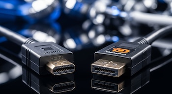 Primer plano de un conector HDMI dorado a la izquierda y un conector DisplayPort dorado a la derecha, ambos negros, sobre una superficie reflectante oscura.