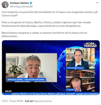 Enrique Gómez defiende la posesión presidencial en el Cauca como símbolo de recuperación territorial - crédito @Enrique_GomezM/X