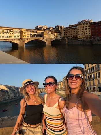 Laurita y sus amigas en el Ponte Vecchio, el puente más famoso de Florencia sobre el río Arno
