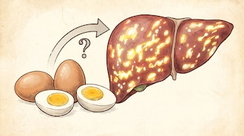 Ilustración de dos huevos enteros, dos partidos, un signo de interrogación, flecha y un hígado humano con manchas amarillas. Fondo de pergamino claro.