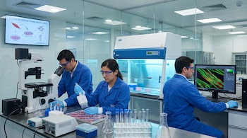Tres científicos en batas y gafas en un laboratorio: uno usa un microscopio, una mujer manipula placas Petri con pipeta, y otro examina células musculares en un monitor.