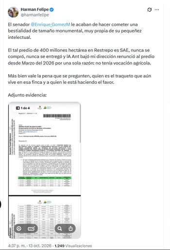 El exdirector de la ANT Felipe Harman dio explicaciones sobre un terreno que supuestamente había sido adquirido por la entidad - crédito @harmanfelipe/X