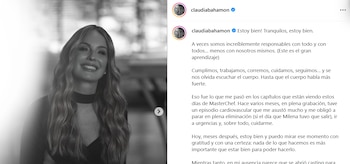 Claudia Bahamón explicó que un episodio cardiovascular durante una grabación la obligó a ausentarse temporalmente de 'MasterChef Celebrity 2026' - crédito @claudiabahamon/ Instagram