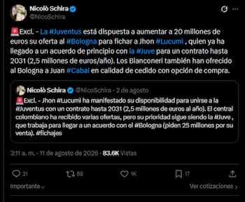 La negociación por Jhon Lucumí incluye la cesión de Juan David Cabal con opción de compra como parte de la propuesta de la Juventus-crédito @NicoSchira/X