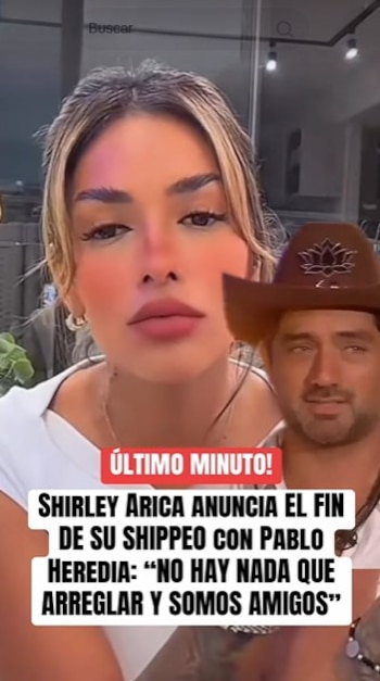 Mujer de cabello rubio con maquillaje visible en primer plano; hombre con sombrero vaquero detrás. Texto en pantalla: Último Minuto, Shirley Arica, Pablo Heredia