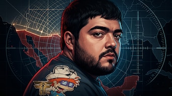 Ilustración de un hombre con barba frente a un mapa fronterizo con líneas de radar y una figura animada en su hombro.