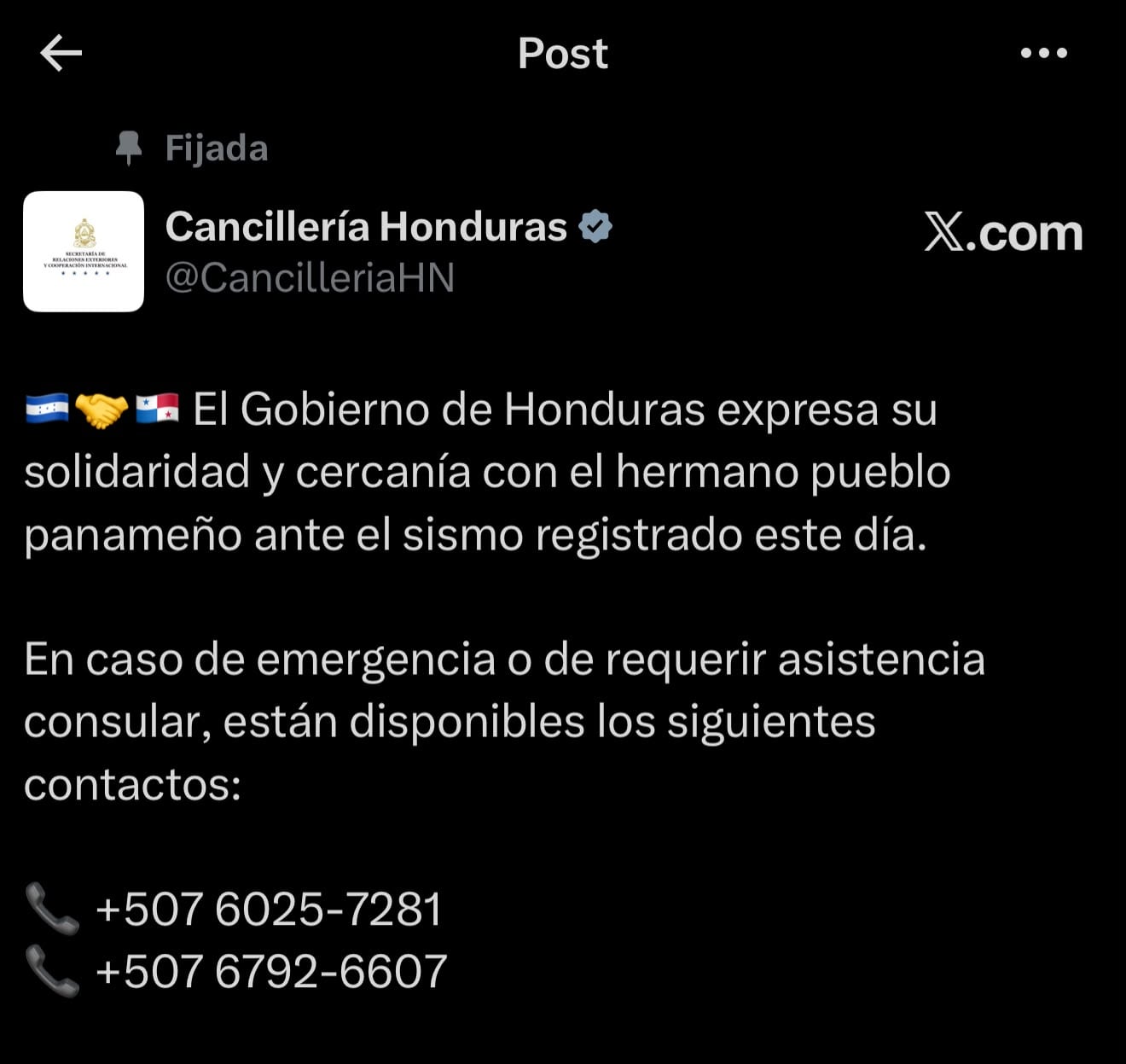 La Cancillería hondureña habilitó líneas telefónicas para atender a ciudadanos que requieran asistencia consular en Panamá. (Foto: X)
