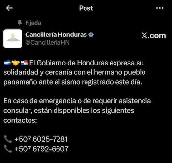 La Cancillería hondureña habilitó líneas telefónicas para atender a ciudadanos que requieran asistencia consular en Panamá. (Foto: X)