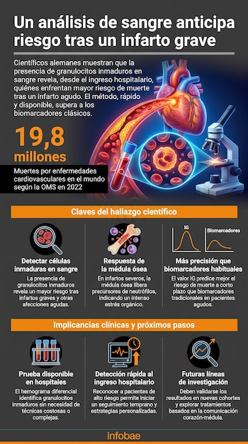 Corazón humano, vasos sanguíneos, glóbulos rojos y blancos, microscopio, tubo de ensayo con sangre, médula ósea, gráficos, iconos médicos e informativos, texto.