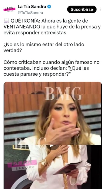 Captura de pantalla de un post de X con texto, nombre de usuario y un video. En el video, una mujer de cabello largo, chaqueta blanca, collar, manos