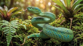 Primer plano de una serpiente verde esmeralda, enrollada sobre musgo y helechos, con la lengua bífida sobresaliendo. Fondo borroso con luz solar filtrada.