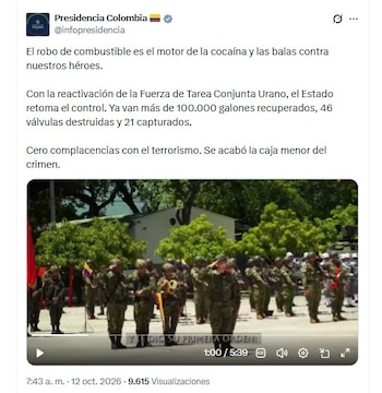 La fuerza pública reportó 21 capturas y la incautación de 22 vehículos en una ofensiva contra el hurto de hidrocarburos en el norte de Colombia - crédito @infopresidencia/X