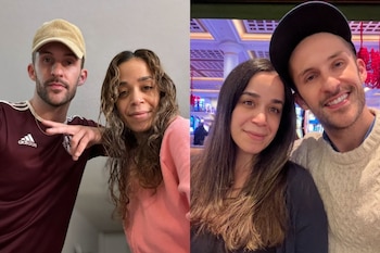 Composición de dos fotografías que muestran a un hombre con gorra y a una mujer de cabello castaño posando juntos en interiores
