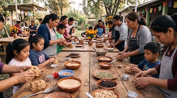 Personas ante una mesa de madera con cuencos de barro que contienen semillas, frutos secos y porciones de masa dulce