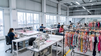 Un taller textil con personas trabajando en máquinas de coser, mesas de trabajo y percheros llenos de prendas de vestir.
