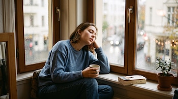 Una mujer con suéter azul está sentada junto a una ventana con gotas de lluvia, con una taza en la mano, un libro y una maceta al lado.