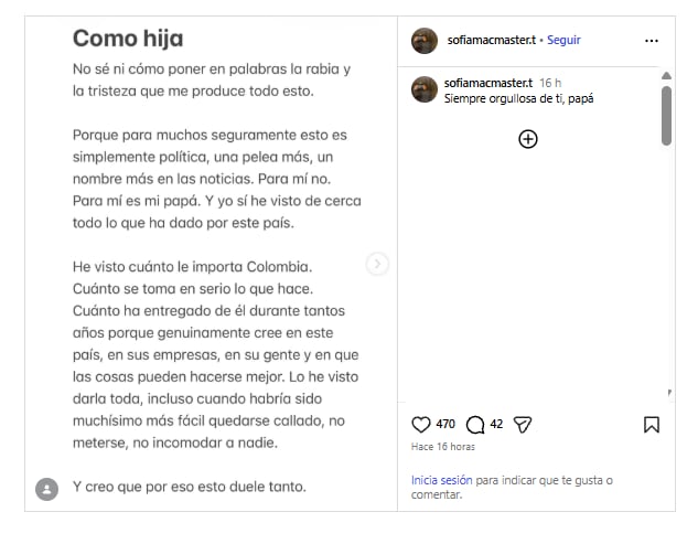 Con este mensaje en su perfil de Instagram, Sofía Mac Master, hija de Bruce Mac Master, reaccionó a la renuncia de su padre a la presidencia de la Andi (- crédito @sofiamacmaster.t/Instagram)