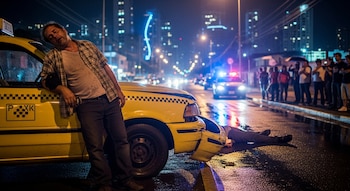 Hombre se apoya en taxi amarillo con parachoques roto, persona en el suelo, patrulla policial y grupo de gente en una calle mojada de noche.