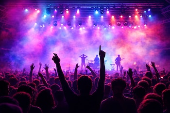 Multitud de personas con los brazos alzados en un concierto. Escenario con músicos silueteados e instrumentos bajo luces de colores y humo.