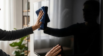 Una persona con una manga gris limpia la pantalla de un Smart TV apagado con un paño de microfibra azul, mostrando el reflejo de su rostro.