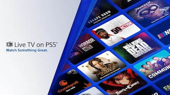 Gráfico promocional con el texto Live TV on PS5 y varias miniaturas de películas y series de televisión
