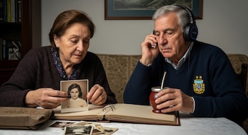 Dos adultos mayores sentados. La mujer sostiene una foto antigua de una niña. El hombre usa auriculares y sostiene un mate. Un álbum abierto y fotos sobre la mesa.